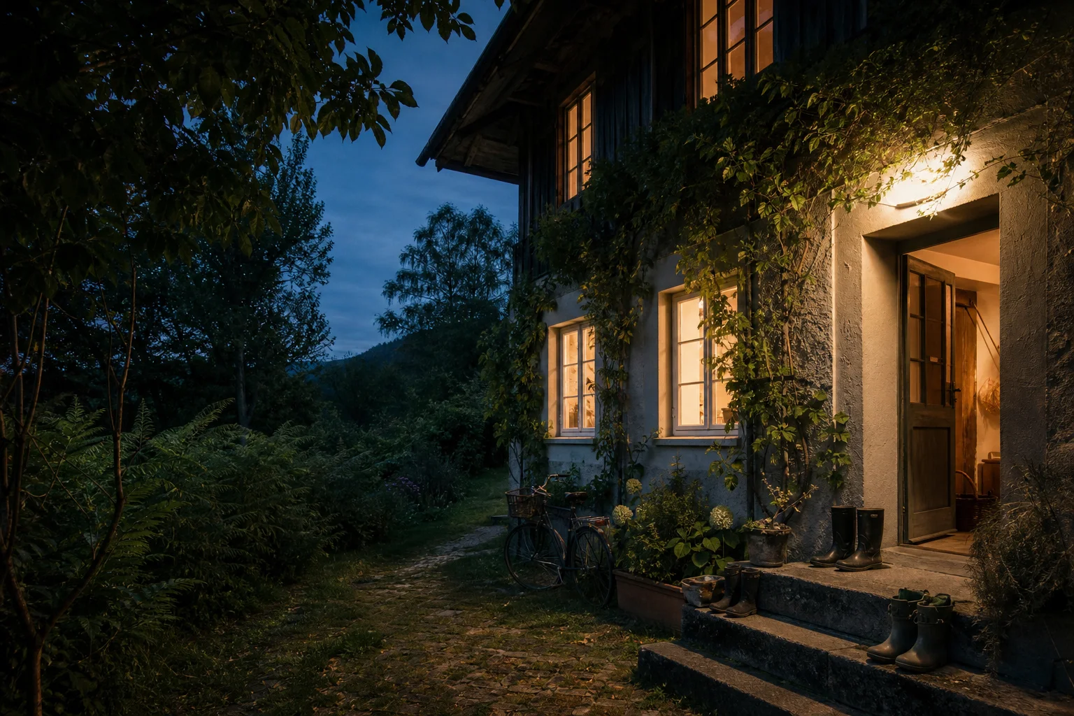 Gemeinsam genutztes Haus am Abend mit beleuchteten Fenstern, Fahrrädern und Stiefeln vor der Tür